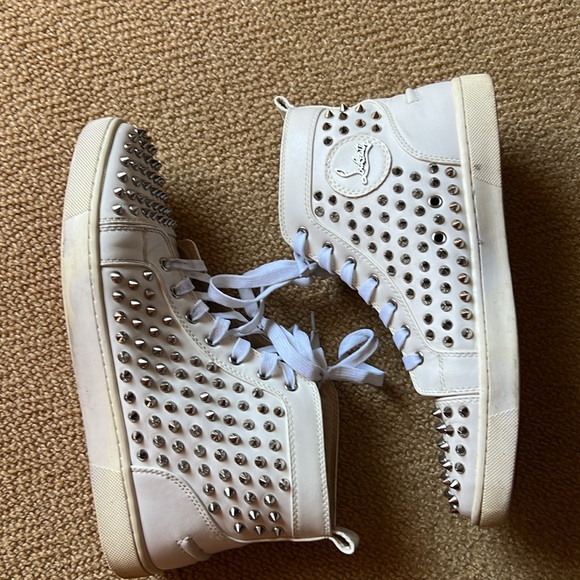 Christian Louboutin White with silver spikes high top sneakers. - Picture 3 of 5